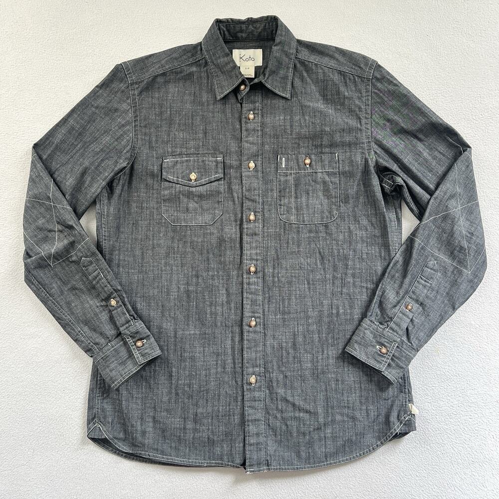 Koto Heather Black Gray Cotton Chambray Long Sleeve Button Front Collar Shirt S